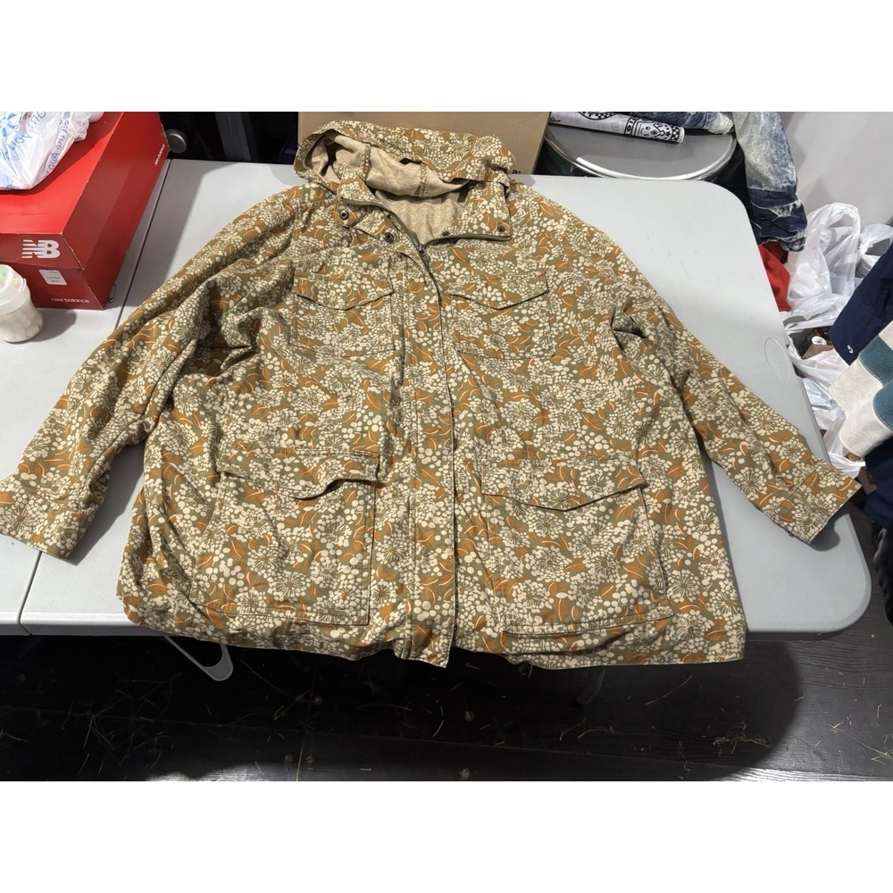 Lands End Womens Utility Jacket Floral Print Green Brown Size 2XL